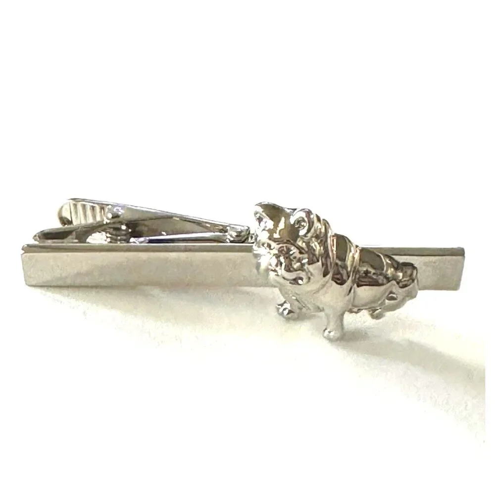Polished Silver Tone Sitting Bulldog Full Body Tie Bar